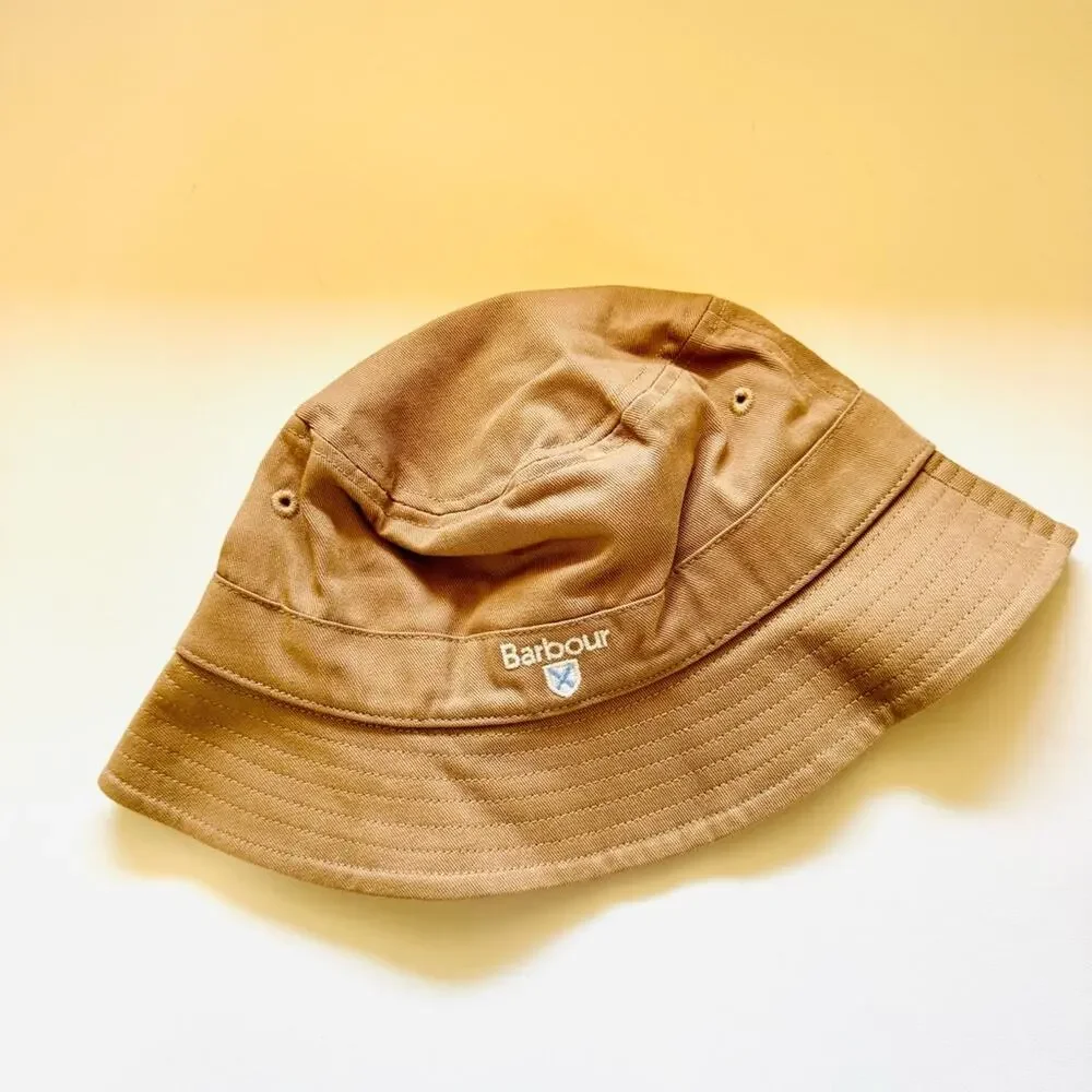 NEW BARBOUR Khaki Tan White Logo Cascade Floppy Packable Bucket Tartan Lined Hat